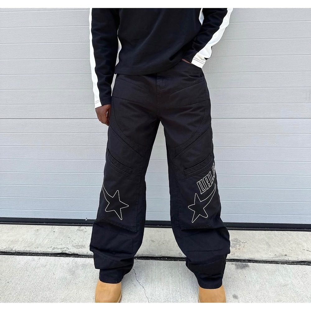 Vale Cargo Pants Men 40 Black Star Embroidered Ripstop Utility Streetwear Grunge